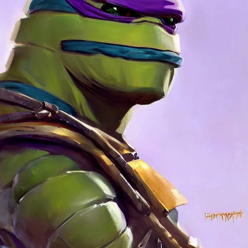 Image similar to greg manchess portrait painting of armored donatello of tmnt as overwatch character, medium shot, asymmetrical, profile picture, organic painting, sunny day, matte painting, bold shapes, hard edges, street art, trending on artstation, by huang guangjian and gil elvgren and sachin teng