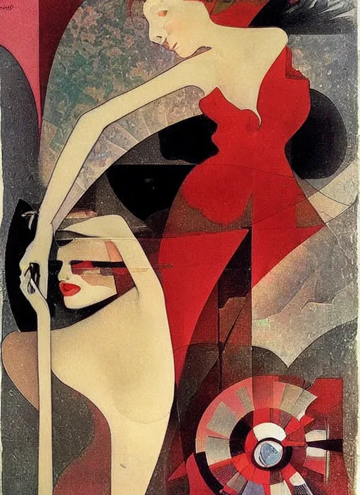 Image similar to girl in a long dress swimming underwater, caustics, surreal Dada collage by Man Ray Kurt Schwitters Hannah Höch Alphonse Mucha, red and black