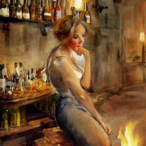 Prompt: beautiful blonde in hot dress in a wine cellar, food, pork, beer, schnapps, rustic, traditional, torches on the wall, watercolor by vladimir volegov and anders zorn, highly detailed, masterpiece