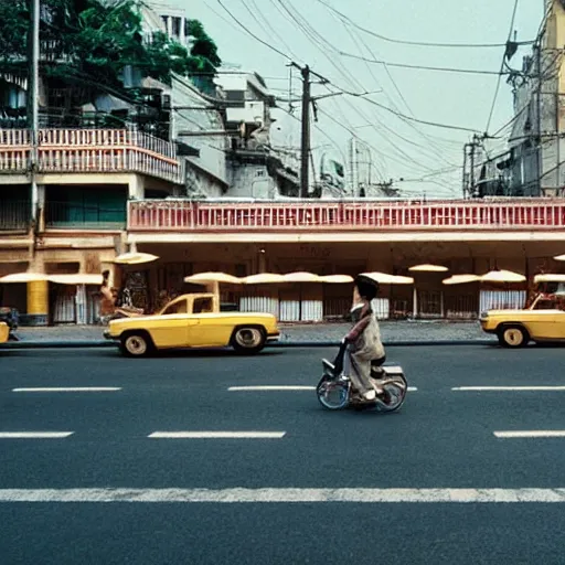 Prompt: Wes Anderson film still in Saigon without people. Establishing shot. 8k resolution. Pastel. Sharp. Whimsical.