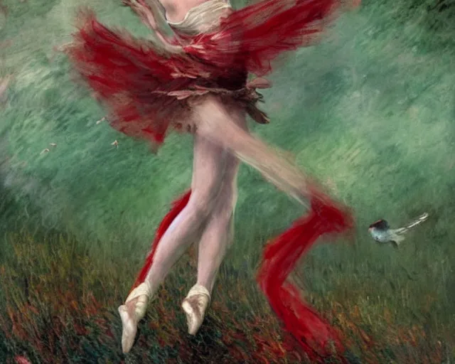 Image similar to a gorgeous prima ballerina japanese art with a red scarf, medium long brown hair, green eyes, is looking at a bird, ethereal, horror, fantasy art by greg rutkowski and magali villeneuve and claude monet