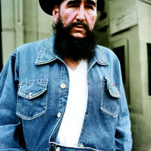 Image similar to fidel castro wearing denim overalls designed by supreme, portrait, 3 5 mm film, clear face, by nan goldin