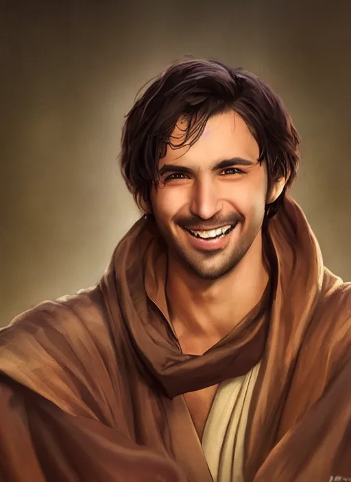 Image similar to a brown haired young eastern man with stubble, short hair, wearing brown jedi robes, smiling, close up, portrait style, star wars atmosphere, photographic print, artgerm, hyper - realistic