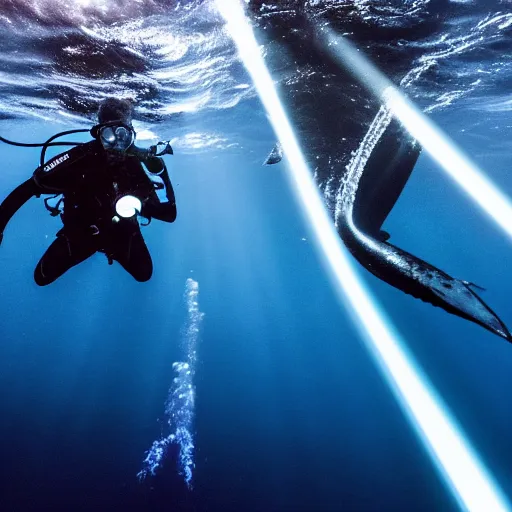 Prompt: a photo of a scuba diver taking a picture of a blue whale in dark waters with shafts of light