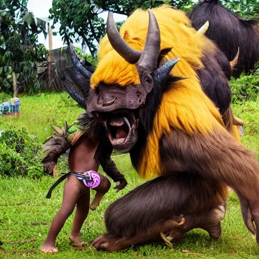 Prompt: Rajang stealing a child,