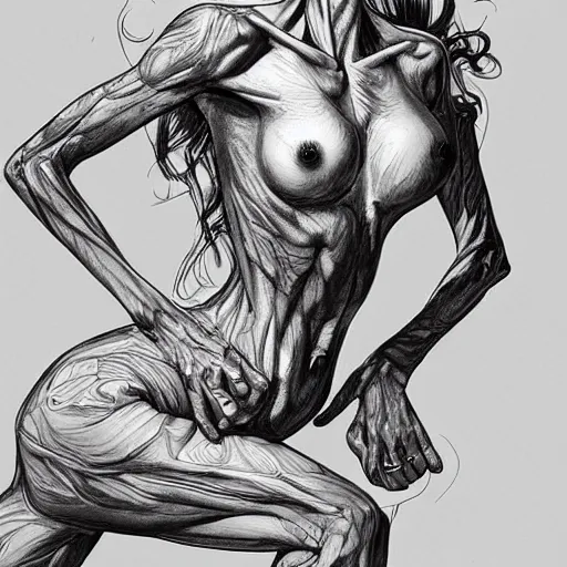 Prompt: hyperrealistic, detailed, skinny lady, gorgeous, dynamic pose, ink, line art by Kim Jung gi