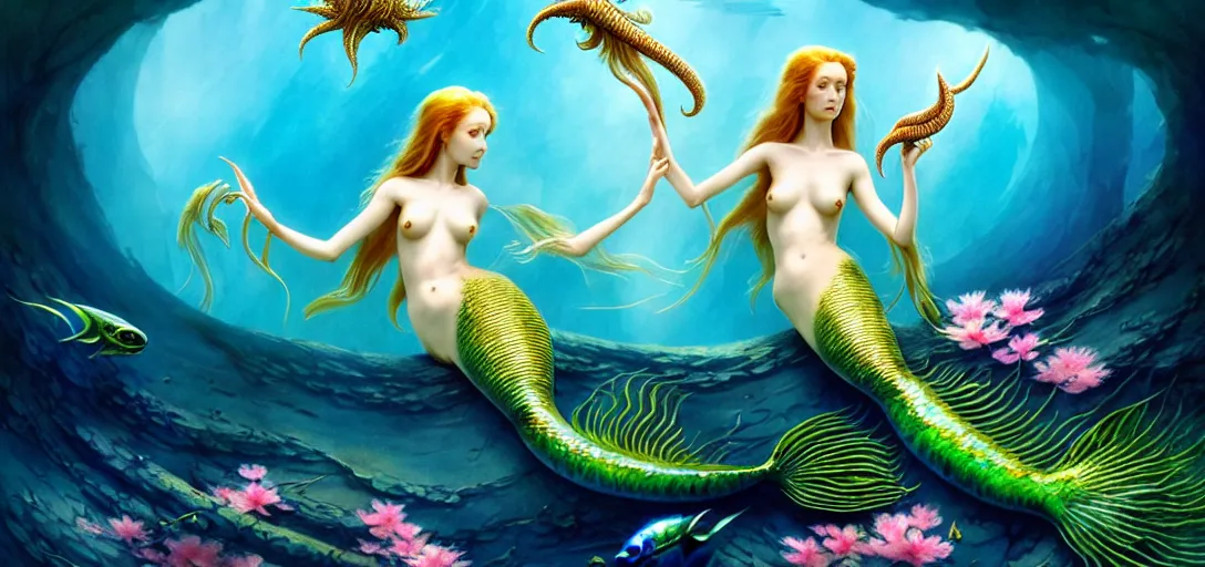 Prompt: photo of a beautiful mermaid and alien fish in the style of roger dean, realistic, sharp focus, 8 k high definition, insanely detailed, intricate, elegant, art by greg rutkowski and artgerm, extreme blur cherry blossoms background