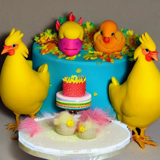 Prompt: realistic rooster and small fuzzy yellow baby chick and birthday cake