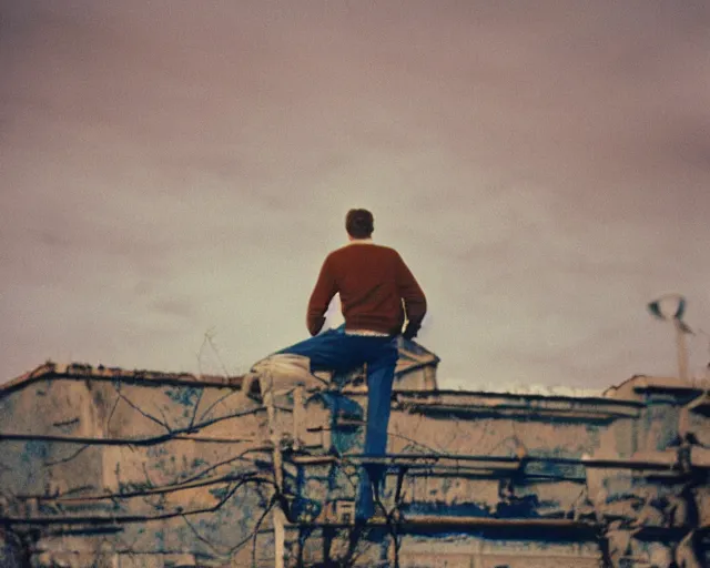 Image similar to lomo photo of man standing on the roof of soviet hrushevka, small town, cinestill, bokeh, out of focus