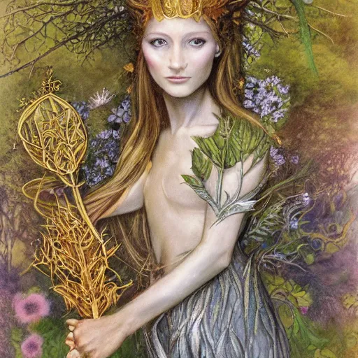 Image similar to fey queen of the summer forest, dress of leaves, fine features, holding a golden scepter, thin, young, silver shimmering hair, by brian froud, dusk scene, night colors, oil on canvas, oil panting