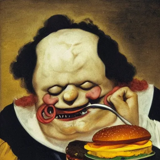 Image similar to ronald mcdonald eating a burger, art by francisco goya, gruesome, dark