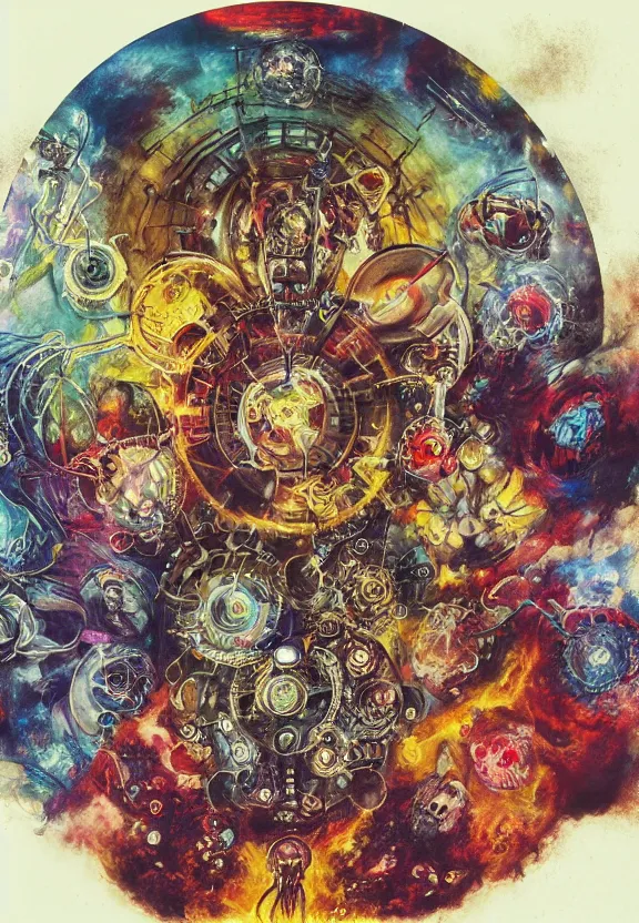 Image similar to colorful medical equipment, cameras, radiating, blood mandala, portal, minimalist environment, by ryan stegman and hr giger and esao andrews and maria sibylla merian eugene delacroix, gustave dore, thomas moran, the movie the thing, pop art, biopunk, i'm the style of piet bill sienkiewicz
