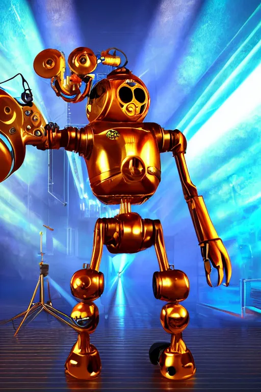 Image similar to portrait photo of a giant huge golden and blue metal humanoid steampunk robot singer with headphones and big gears and tubes, a red glowing microphone on a tripod, eyes are glowing red lightbulbs, shiny crisp finish, 3 d render, 8 k, insaneley detailed, fluorescent colors, background is multicolored lasershow