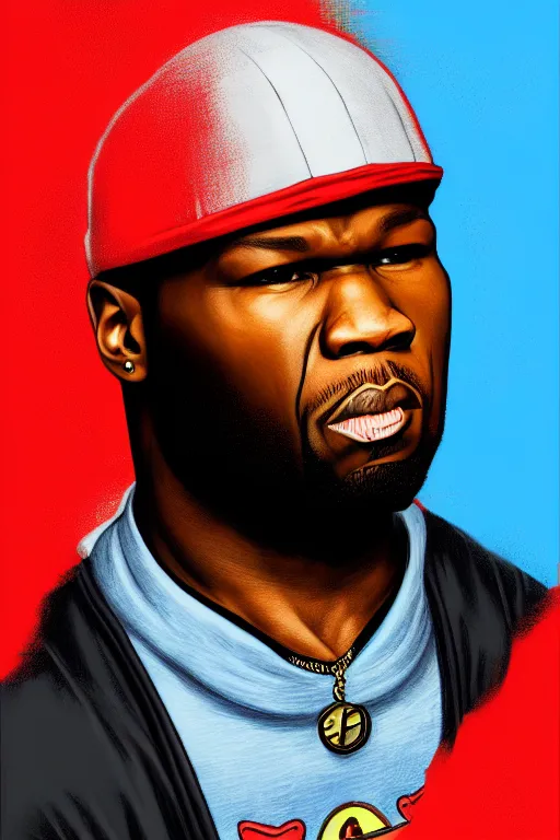 Image similar to rapper 5 0 cent with bloods bandana, pop art, no duplicate image, pixel art, ultra details, ultra realistic, digital painting, artstation, concept art, smooth, sharp focus, identical, illustration, intecrate details, art by richard hamilton and mimmo rottela, pixels art by kirokaze and paul robertson, pencil by chris bachalo
