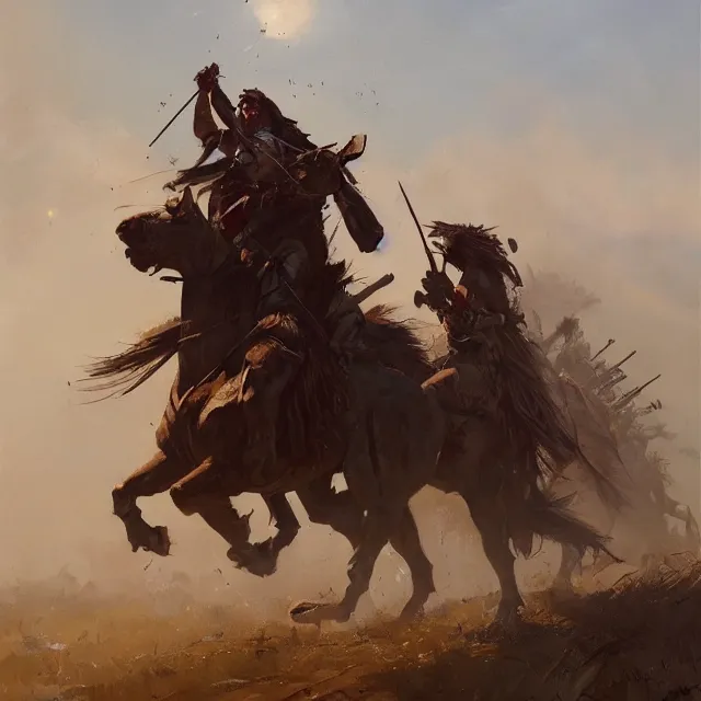 Image similar to a painting of the native american war by greg rutkowski, dark fantasy art, high detail, trending on artstation