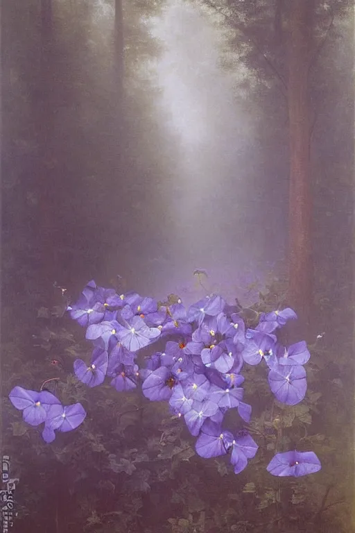 Image similar to moody painting of purple morning glory flowers vining and growing in a forest dimly lit at night. foggy volumetric darkness, muted colour palette oil painting on canvas william - adolphe bouguereau