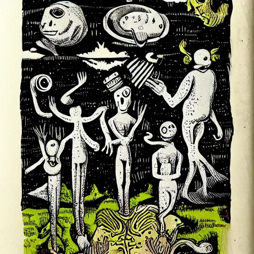 Image similar to uncanny monsters of the imagination in a surreal risograph alchemical manuscript