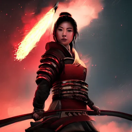 Prompt: beatiful female samurai in front of sparks and smoke in the style of Raymond Swanland, cinematic, artstation