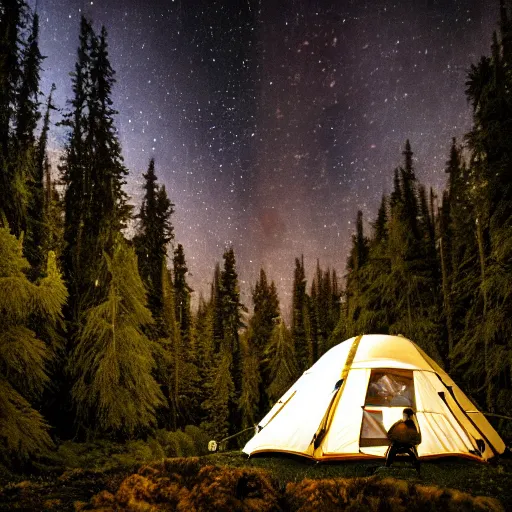 Prompt: photograph of an astronaut sitting inside a small tent at night, in heavy rainfall, alien planet, portrait picture, trees, forest, ferns, moss, wet, astronaut is relaxing