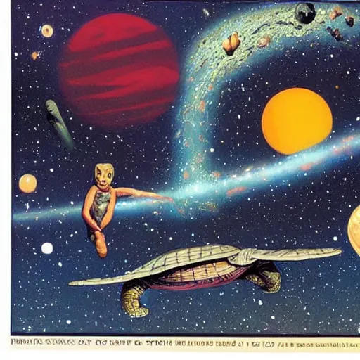 Image similar to galaxies!! turtle hovering below planet earth, gerald brom and andy warhol