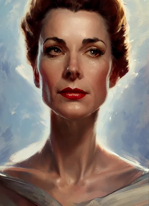 Prompt: head portrait of 5 0 s scifi elegant mature woman, cinematic, detailed, dynamic, artstation character, norman rockwell, everett raymond kinstler, artgerm, daniel gerhartz, greg rutkowski, pulp science fiction illustration