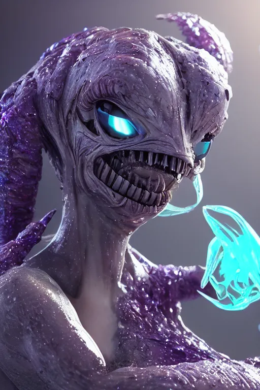 Image similar to skin concept alien, in full growth, mineral crystals instead of skin, magical crystals, smoky crystals, translucent crystals, luminous sparkling crystals, many details, 3 d, cinematic, hyper realism, high detail, octane render