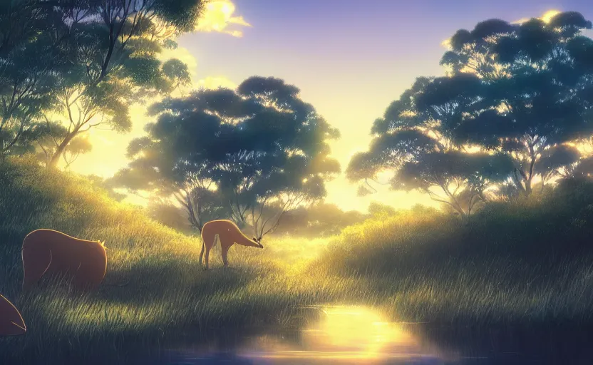 Image similar to the diverse wildlife in Australia, anime scenery by Makoto Shinkai, digital art, 4k