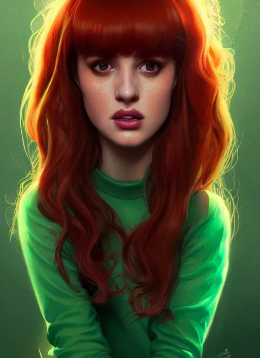 Image similar to portrait of teenage cheryl blossom, bangs, green eyes, mean expression, mischievous expression, red hair, bangs and wavy hair, bangs, intricate, elegant, glowing lights, highly detailed, digital painting, artstation, concept art, smooth, sharp focus, illustration, art by wlop, mars ravelo and greg rutkowski