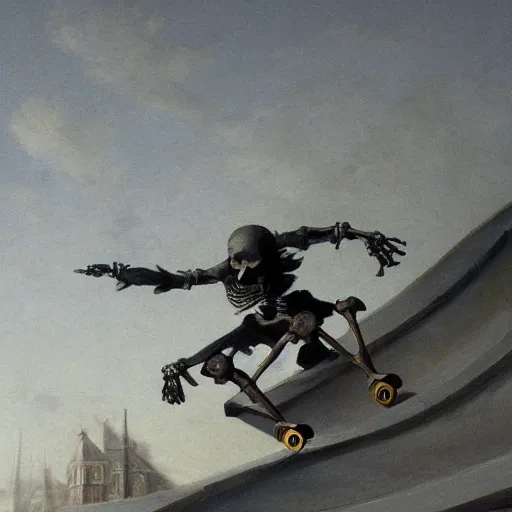 Image similar to close up skeleton skateboarder painting dynamic very very detailed by hubert robert balanced