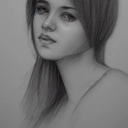 Prompt: a beautiful portrait pencil sketch from a picture, of a young French nubile with stoic attitude by Alina Ivanchenki and Rob Ross, trending on artstation.