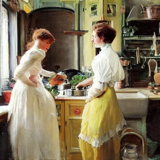 Image similar to a rabbit and a young edwardian woman in a french cozy kitchen, in the style of anders zorn