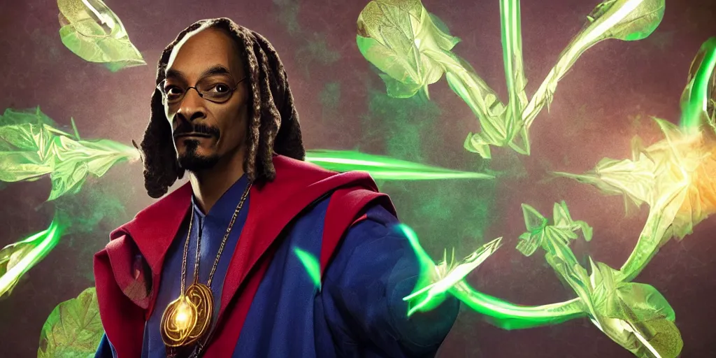 Image similar to snoop dogg as doctor strange, multiple dimensions, green light, marijuana leaves, marijuana, highly detailed, environmental light, cinematic by francis tneh, magic, making a spell, sharp focus, hyperdetailed, artstation, cgsociety, 8 k