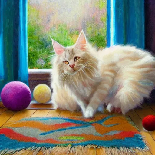 Prompt: cream color maine coon cat chasing a cat-toy-ball in a sunlit bedroom, hardwood floors with a colorful tattered old throw rug, bay window sofa in the background, fun, energetic, amusing, cute, funny, in style of Robert Hagan, trending on art station