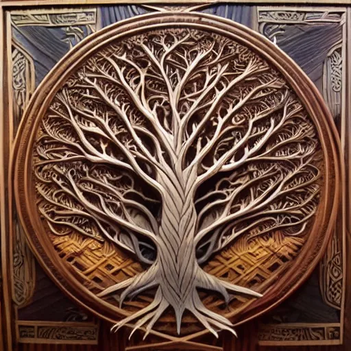 Image similar to wood relief carving of world tree, tree of life, yggdrasil, stygian, evil, shoggoth + exquisite, ornate, intricately carved, fractal, tarot, intricate details, art deco, hokusai, mohrbacher, alphonse mucha, photo realistic, redshift, spotlight