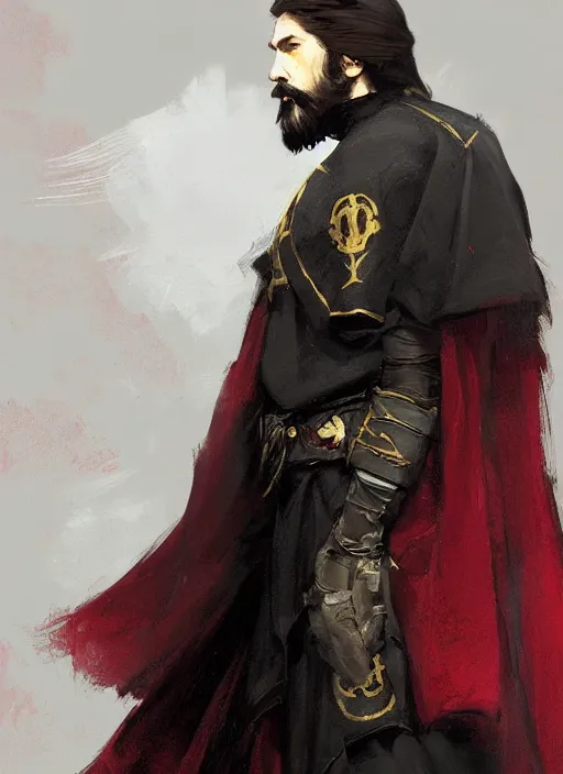 Prompt: character concept portrait of an attractive bearded young Rasputin dressed in a black, gold, and crimson robe with hood. Action pose. intricate, elegant, digital painting, concept art, smooth, sharp focus, illustration, from Metal Gear, by Ruan Jia and Mandy Jurgens and William-Adolphe Bouguereau, Artgerm