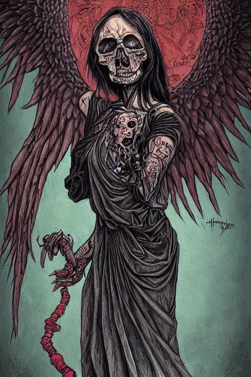 Prompt: human need death angel, realistic, art by tafy laplanche, colored by james jean