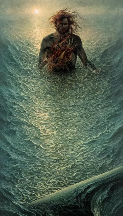 Image similar to man on boat crossing a body of water in hell with creatures in the water, sea of souls, by karol bak