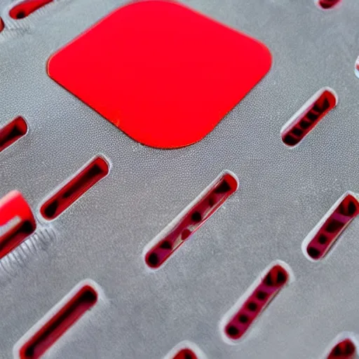 Prompt: bright red plastic computer punch card, many see - through holes in random places