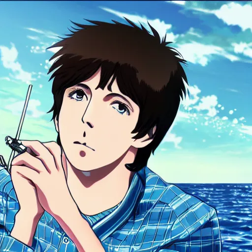 Image similar to anime illustration of young Paul McCartney from the Beatles, wearing a blue and white check shirt and watch, relaxing on a yacht at sea, screenshot from Your Name (2016)