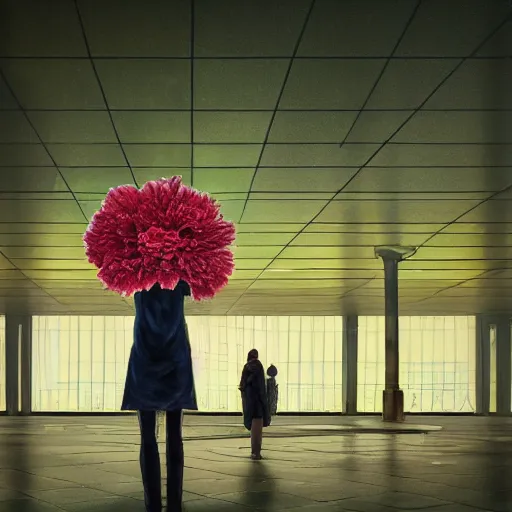 Image similar to giant carnation flower head, woman standing in metro station, surreal photography, dramatic light, impressionist painting, digital painting, artstation, simon stalenhag