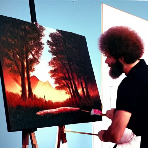 Image similar to a closeup photorealistic photograph of bob ross working on a canvas painting of darth vader. film still. brightly lit scene. mountains and trees. this 4 k hd image is trending on artstation, featured on behance, well - rendered, extra crisp, features intricate detail, epic composition and the style of unreal engine.