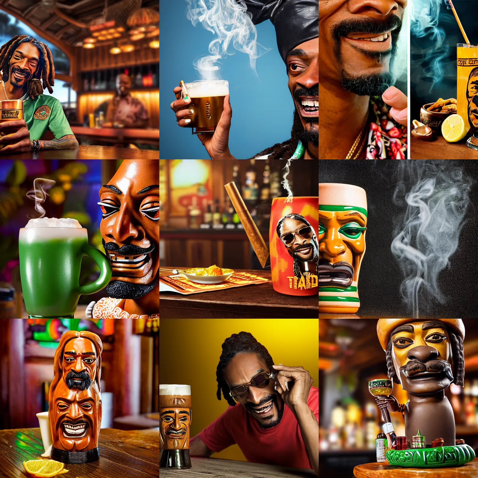 Image similar to a closeup photorealistic photograph of happy blunt smoking snoop dogg at trader vic's bar sitting next to a trader vic's style tiki mug featuring the face of snoop dogg. tiki culture. bright scene. 4 k hd image that's trending on artstation, featured on behance, well rendered, extra crisp, features epic composition and the style of unreal engine.