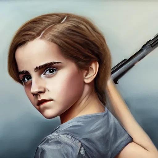 Prompt: a stunning portrait painting of young Emma Watson, holding a rifle, extremely detailed, 4K
