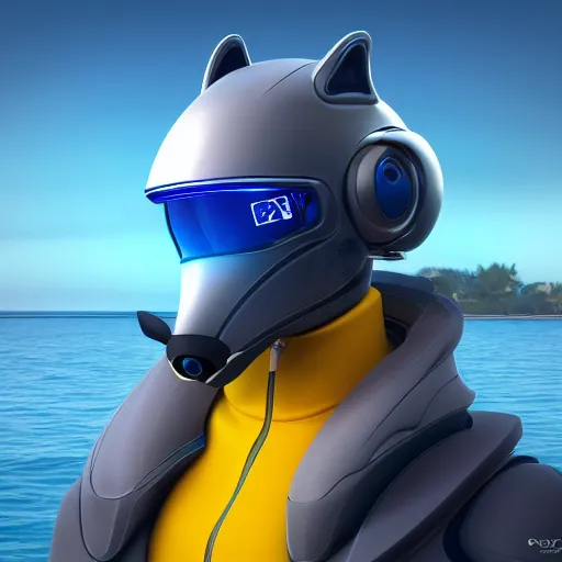 Image similar to very very beautiful furry art, bust profile picture of a male robotic anthro bottlenose dolphin, synthetic cetacean hybrid android, face covered by opaque visor, truncated snout under visor, round shapes, all dark blue metal, commission on furaffinity, cgsociety, octane render, sea in background