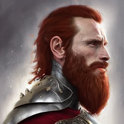 Prompt: king richard the lionheart, short beard, michael fassbender, armor, reddish hair, D&D, fantasy, portrait, highly detailed, digital painting, trending on artstation, concept art, sharp focus, illustration, art by artgerm and greg rutkowski and magali villeneuve