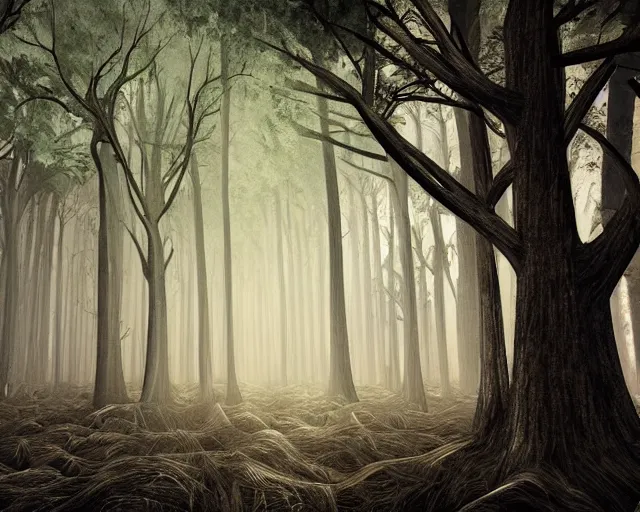 Image similar to an epic action concept masterpiece of a forest made of skeletons, inspired by sd ai. horrific digital art, extremely moody lighting