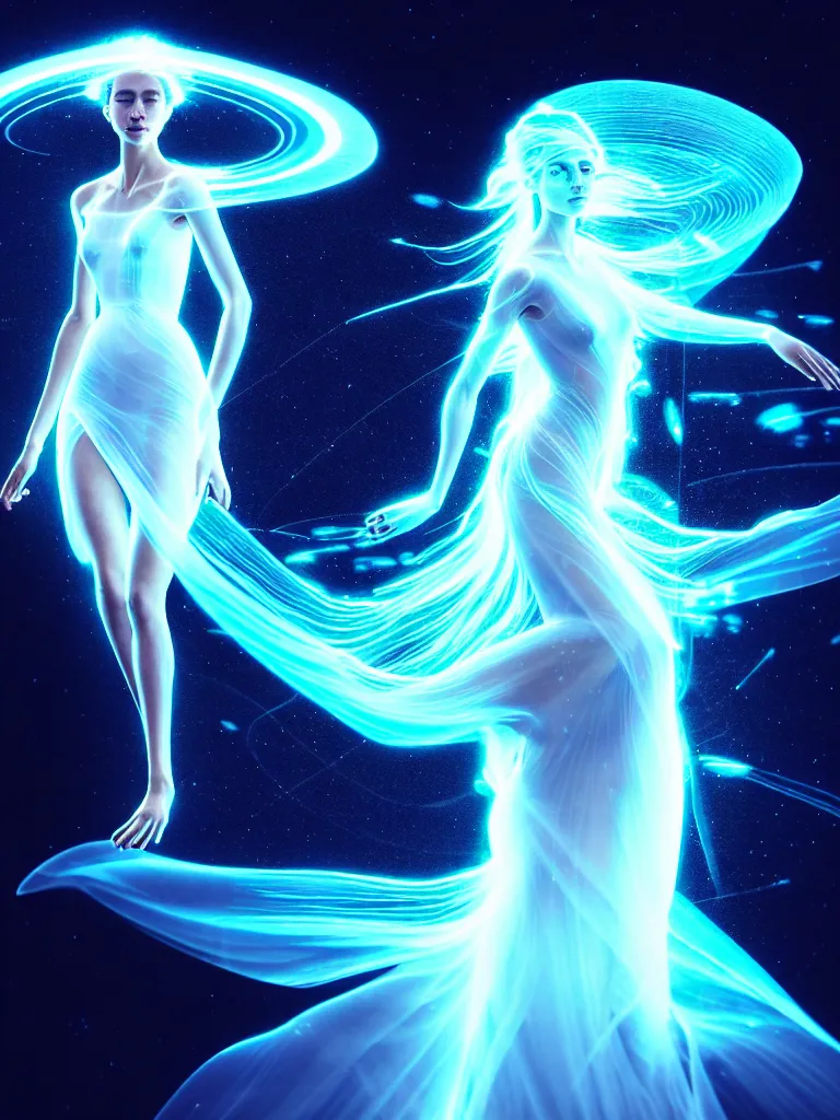 Image similar to front shot of female elemental surrounded by bioluminescent plankton, clear white dress, beautiful, radiant, glowing swirling hair, levitating, character, hyperdimensional, bioluminescent hypercubes, dark holography, spectral, chrome, intricate, elegant, highly detailed, centered, artstation, concept art, smooth, sharp focus, artgerm, Tomasz Alen Kopera, Peter Mohrbacher, donato giancola, Joseph Christian Leyendecker, WLOP, Boris Vallejo, mugshot, octane render, nvidia raytracing demo, 8K