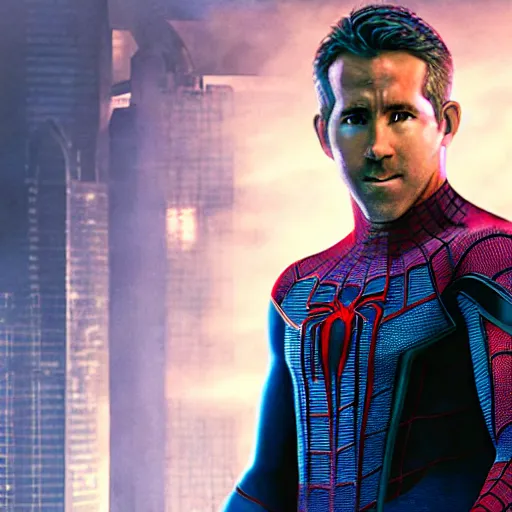 Image similar to ryan reynolds as spider - man, wearing a black and blue suit, cinematic, volumetric lighting, f 8 aperture, cinematic eastman 5 3 8 4 film, photorealistic by greg rutkowski, by stanley artgerm, by alphonse mucha