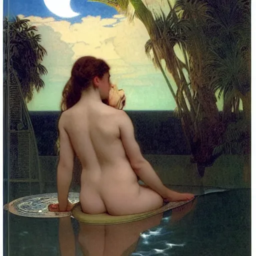 Image similar to Moon girl at the palace, thunderstorm, greek pool, beach and palm trees on the background major arcana sky, by paul delaroche, alphonse mucha and arnold böcklin arnold böcklin hyperrealistic 8k, very detailed