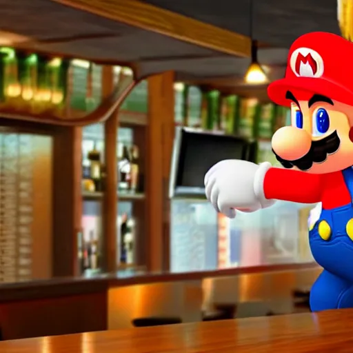 Image similar to Mario drunk and drinking beer in a bar at night